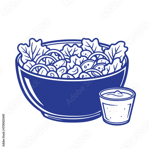 A delicious fresh salad bowl with dressing illustration in clean modern blue tones