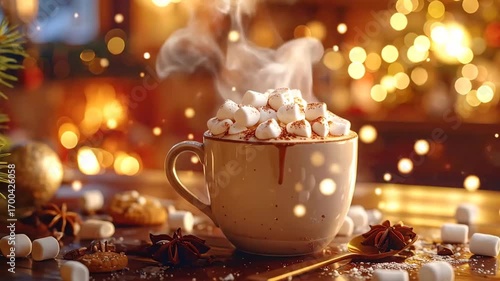 Steaming Hot Chocolate with Marshmallows and Festive Lights