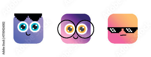 Kawaii Gradient Emoji Set With Nerd Hair Monocle And Pixel Sunglasses (MJ054)