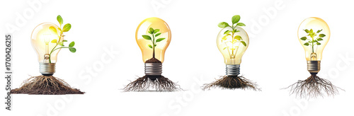 Collection of glowing light bulb with roots growing from the base, symbolizing green power. full length isolate on transparent background