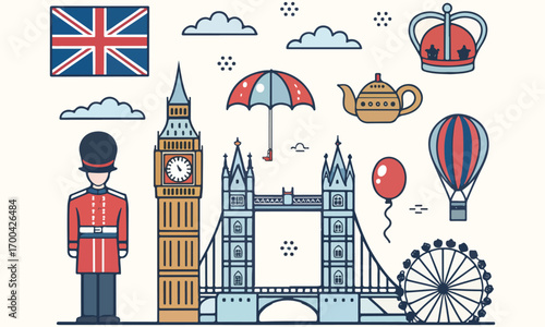 London Icons Clipart And  Red Bus, Big Ben, Phone Booth, Crown Union Jack Illustrations