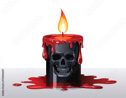 Black candle with skull relief dripping red wax and burning flame vector