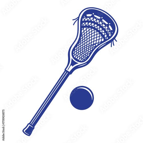 Blue lacrosse stick and ball illustration on white background for sports design