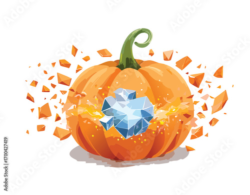 Orange pumpkin exploding with ice crystals and fragments green