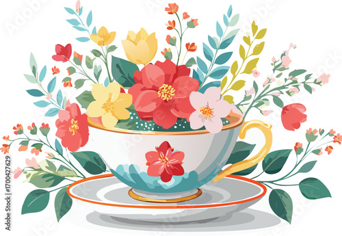 A teacup overflowing with vibrant red yellow and pink flowers and green leaves saucer