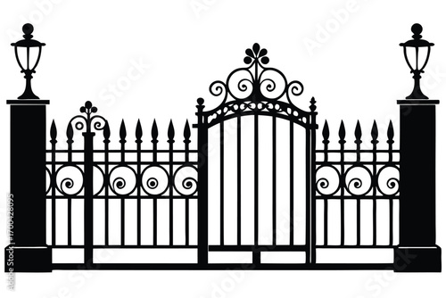 Ornamental Black Iron Gate with Symmetrical Design and Two Lamp Posts Silhouette