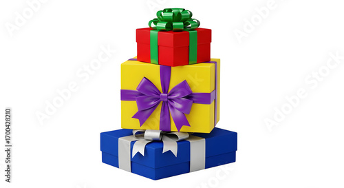Colorful gifts stack on black displays festive cheer, Ideal for holiday promotions, party invites, and festive e-commerce banners.