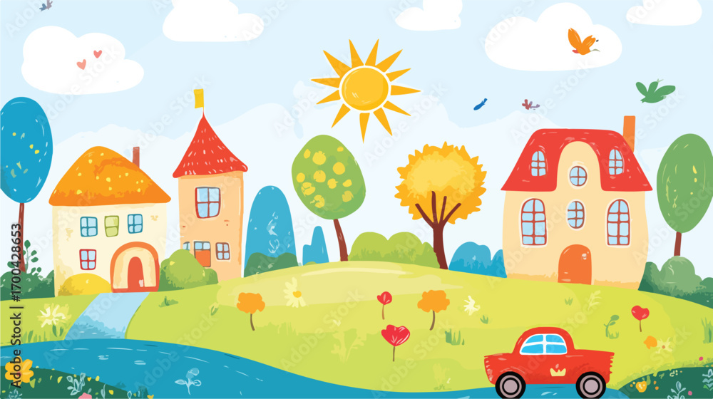 Fototapeta premium Autumn landscape with houses and trees in a rural countryside illustration