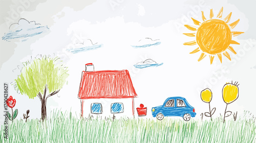 Summer landscape illustration with house and trees in a rural countryside