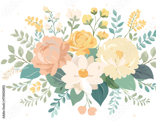 Peach yellow and cream flowers with green leaves vector