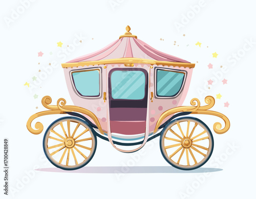 Ornate pink and gold carriage with blue windows and yellow wheels vector