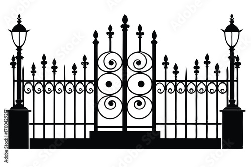 Black Silhouette of Ornate Iron Gate with Spirals, Finials, and Street Lamps Depicted