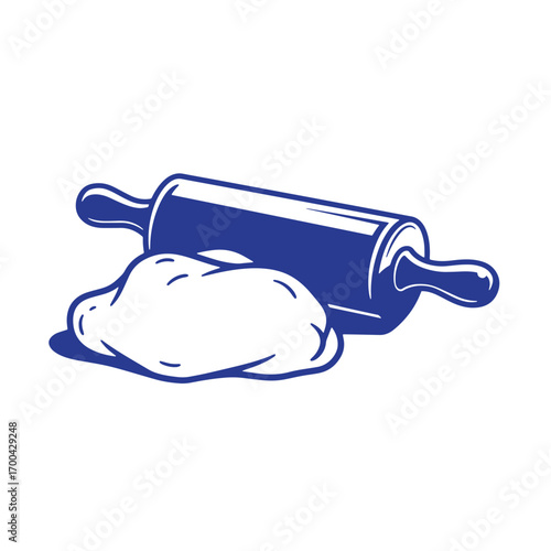 Blue vector illustration of a rolling pin and dough ready for baking preparation