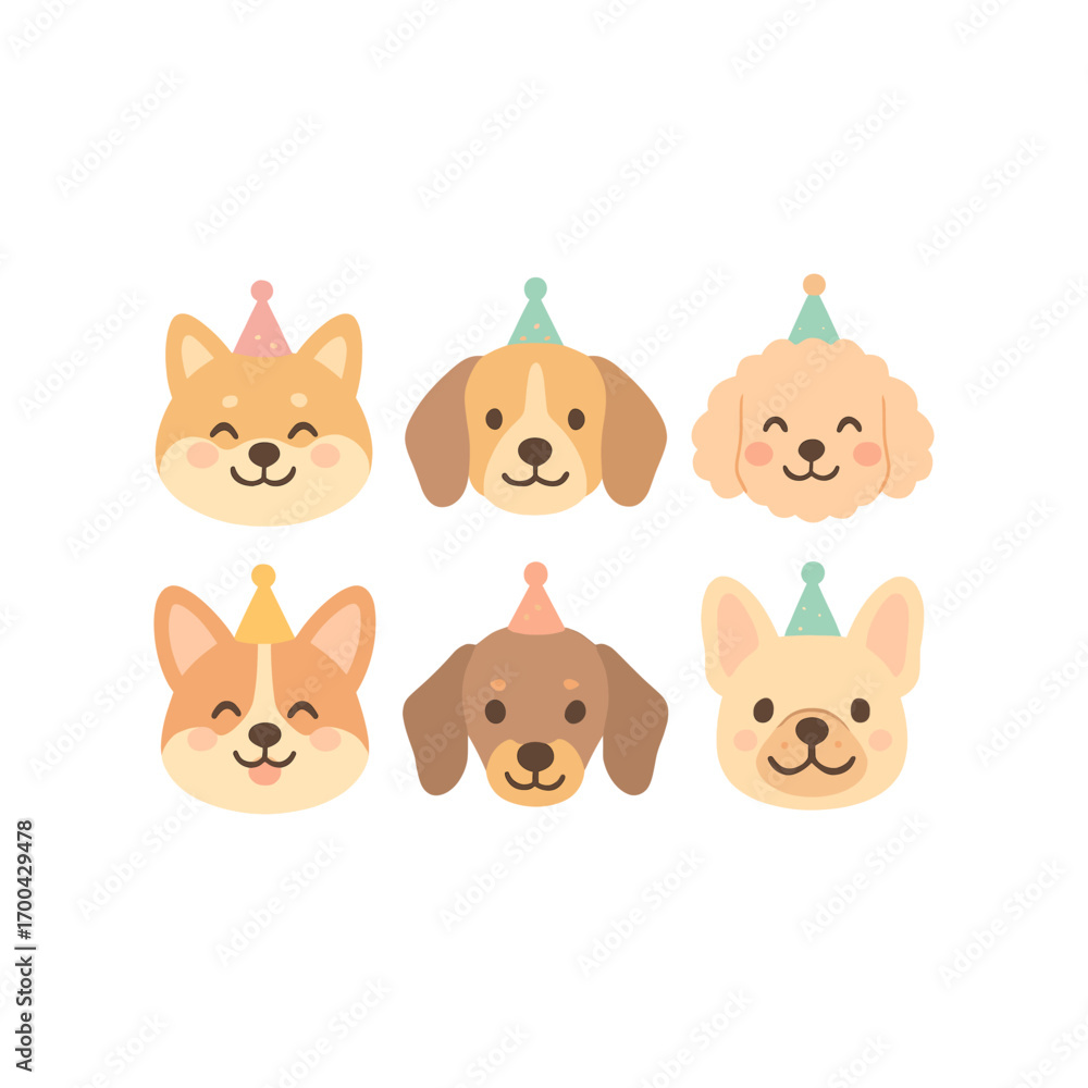 Fototapeta premium Cute dog faces with party hats for festive celebrations and pet events