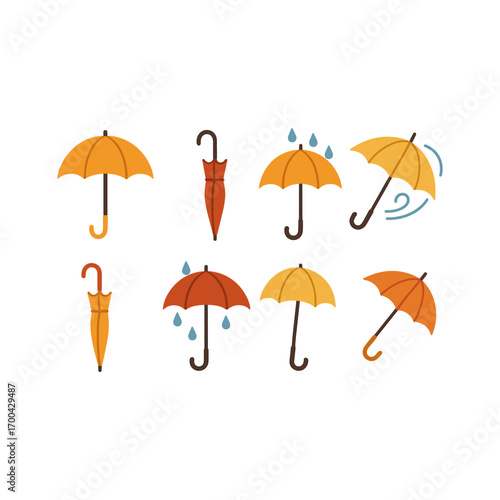 Collection of various umbrella designs with raindrops for weather-related projects