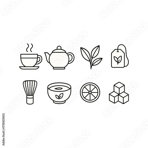 Tea time symbols with teapot, cup, leaves, and citrus elements for design