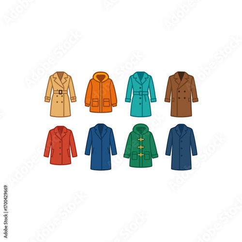 Collection of colorful coats in various styles for fashion design and inspiration