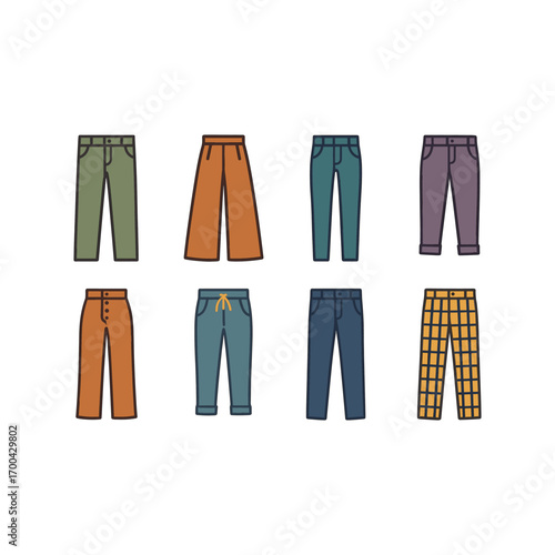 Collection of stylish and colorful pants for fashion design and apparel inspiration