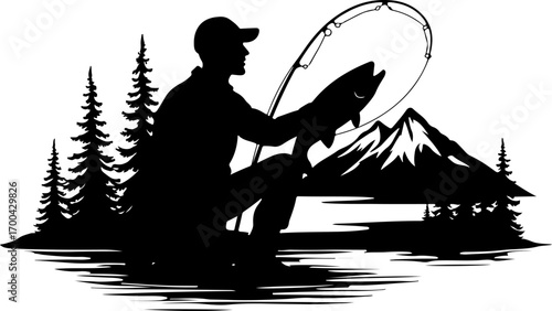 "Silhouette of Fisherman Celebrating Catch by Mountain Lake"