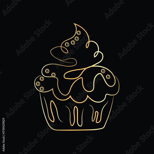 Vector illustration of a vintage coffee mug with a cupcake, cherry, and chocolate dessert on a bar sign