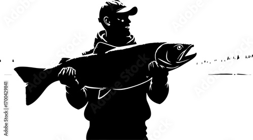 "Silhouette of Fisherman Celebrating Catch by Mountain Lake"