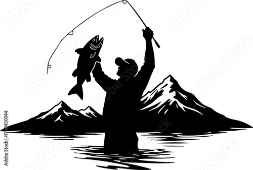 "Silhouette of Fisherman Celebrating Catch by Mountain Lake"