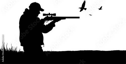 Silhouette of Hunter Using Duck Call with Flying Ducks"