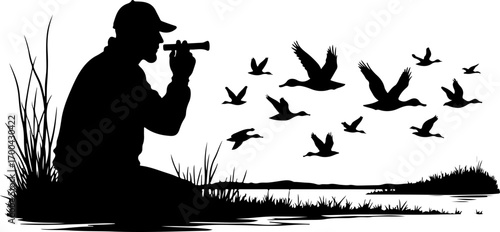 Silhouette of Hunter Using Duck Call with Flying Ducks"