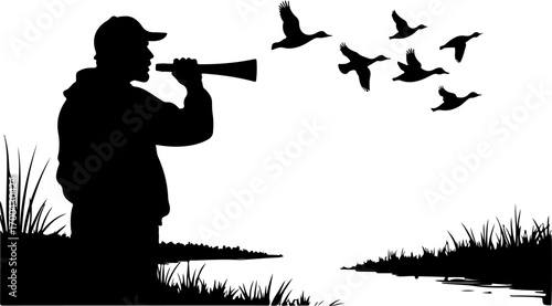 Silhouette of Hunter Using Duck Call with Flying Ducks"