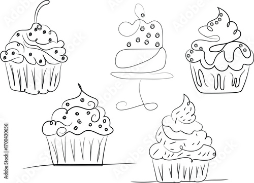 A sweet seamless pattern vector illustration of a set of cute cartoon cupcakes and cakes with chocolate, cherry, and strawberry cream decoration