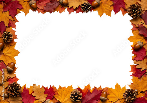 Autumn Frame with Colorful Leaves, Pinecones, and Acorns, Fall Season Border