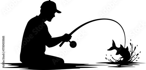 Silhouette of Fisherman Catching a Jumping Fish"