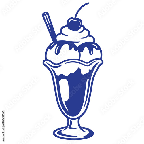 Delicious blue and white ice cream sundae in a decorative glass with cherry garnish
