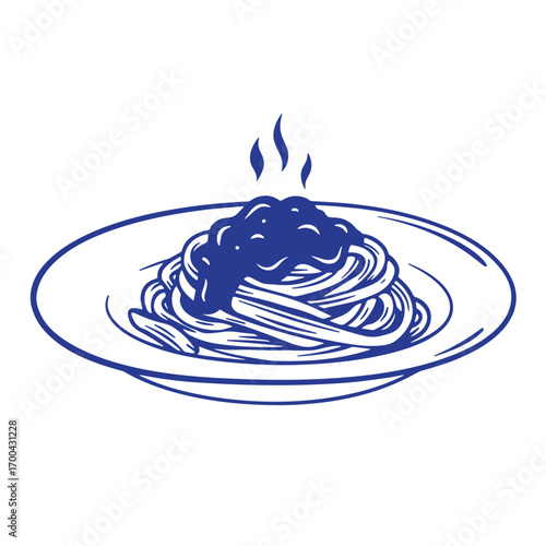 Delicious blue spaghetti pasta dish served on a white plate culinary illustration