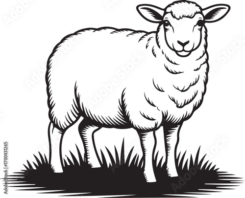 Black and white illustration of a fluffy sheep standing on grass Keywords: sheep, lamb, woolly