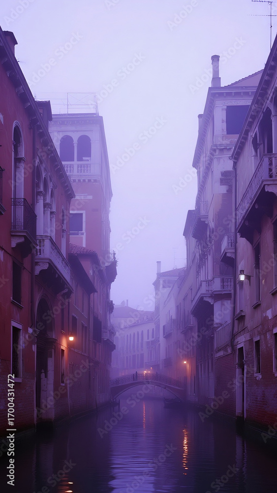Obraz premium dreamlike canal city wrapped in violet fog, glowing reflections shimmering on the water