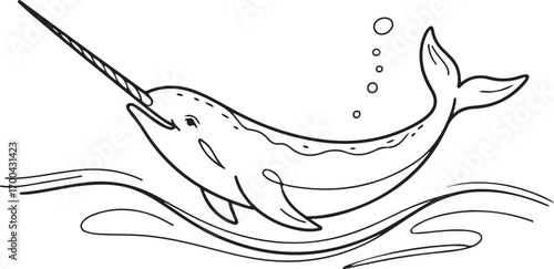 Black and white illustration of a narwhal swimming in wavy water with bubbles whale marine mammal