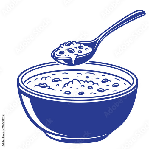 Delicious bowl of oatmeal with a spoonful of porridge illustrated in vector art.