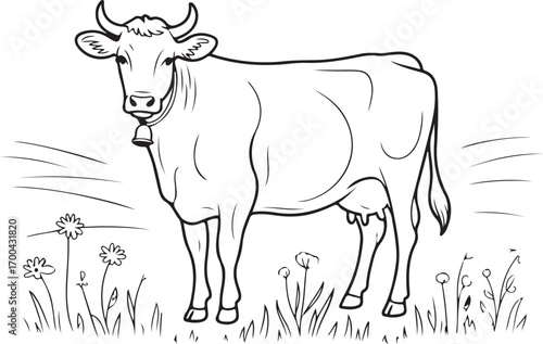 Black and white line art of a cow with a bell in a grassy field with flowers Keywords: cow, cattle