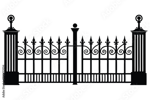 Ornate Black Iron Gate with Pillars and Decorative Elements Silhouette Style Design