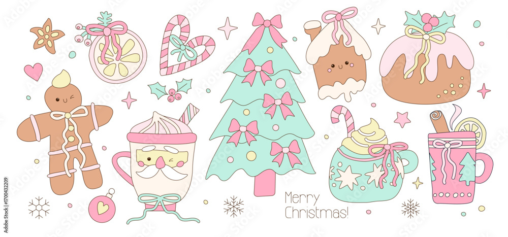 Fototapeta premium Cute Pink Christmas treats set - Coffee, cocoa, tea, gingerbread, candy cane. Peppermint pink candy vector clip-art collection isolated on white. Coquette Christmas illustration with thin contour.