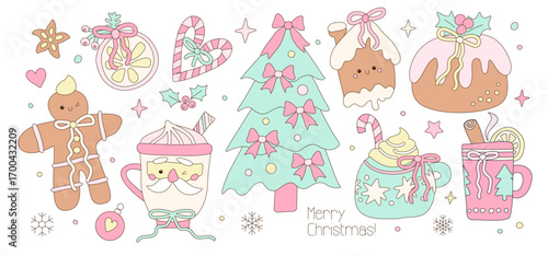 Cute Pink Christmas treats set - Coffee, cocoa, tea, gingerbread, candy cane. Peppermint pink candy vector clip-art collection isolated on white. Coquette Christmas illustration with thin contour.