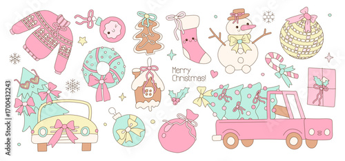 Set of Pastel Coquette Christmas elements and characters - Xmas tree and Snowman, Pink and Mint Green Doodle Hand Drawn whimsical baubles, cars, gingerbread with cute bows. Vector illustration.