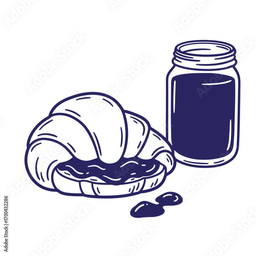 Delicious breakfast illustration featuring a croissant with jam and a jar of preserves