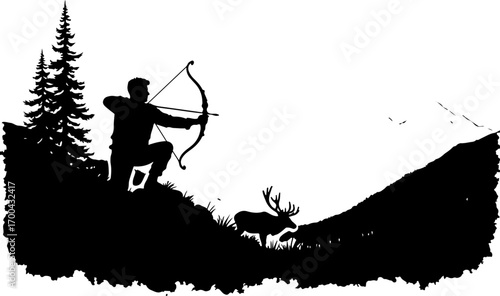 "Silhouette of Crossbow Hunter in the Forest"