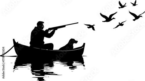 "Silhouette of Hunter in Boat with Dog and Ducks"