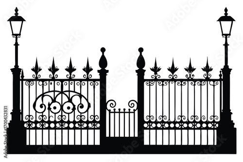 Ornate Black Silhouette of Iron Gate and Two Lamp Posts With Victorian Detail