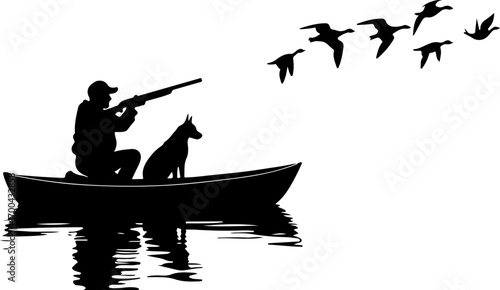 "Silhouette of Hunter in Boat with Dog and Ducks"