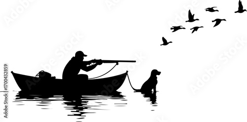 "Silhouette of Hunter in Boat with Dog and Ducks"