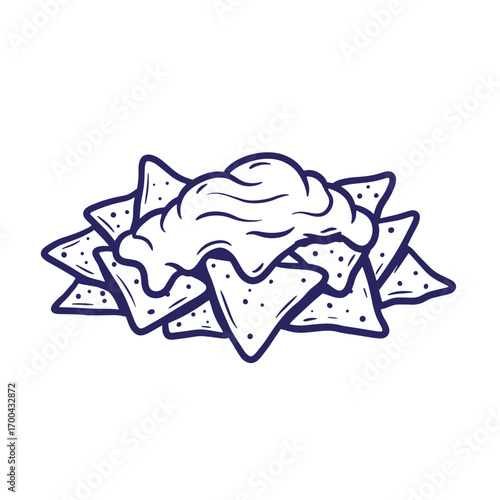 Delicious hand drawn illustration of nachos with creamy cheese on a white background